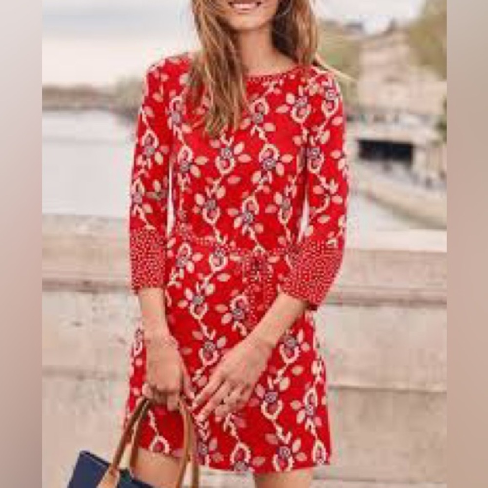 Boden Womens NWOT Amy Jersey Tunic Red Floral Contrasting Sleeves Size 2 Dress